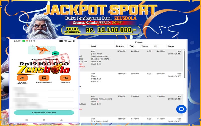 Bukti Kemenangan Member Setia Kami ZO**6* Sebesar Rp 19.100.000 di Permainan Saba Sports
