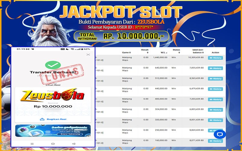 Bukti Kemenangan Member Setia Kami R*J*B*97* Sebesar Rp 10.000.000 di Permainan PG