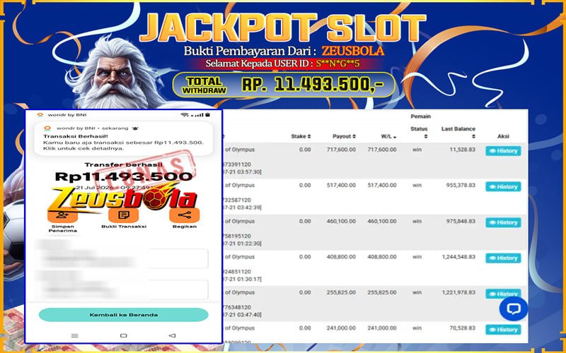 Bukti Kemenangan Member Setia Kami S**N*G**5 Sebesar Rp 11.493.500 di Permainan Pragmatic