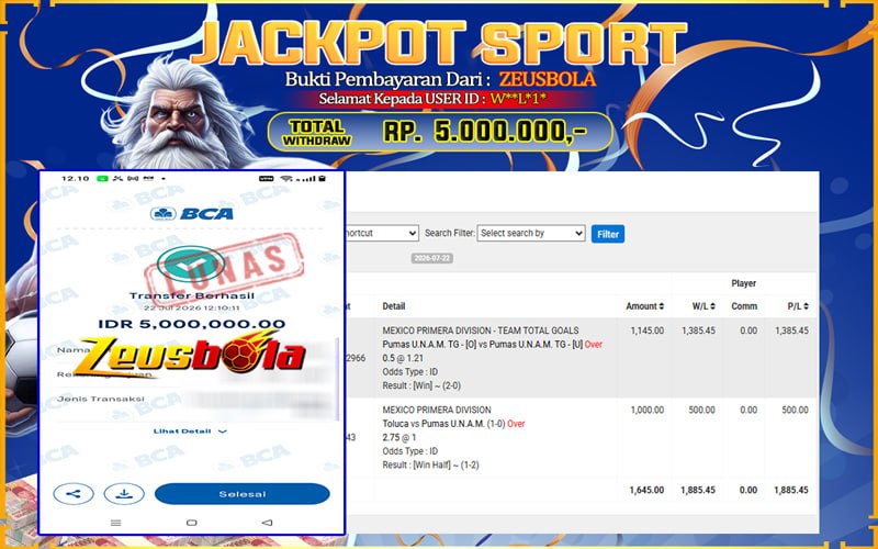 Bukti Kemenangan Member Setia Kami W**L*1* Sebesar Rp 5.000.000 di Permainan UBO Sports