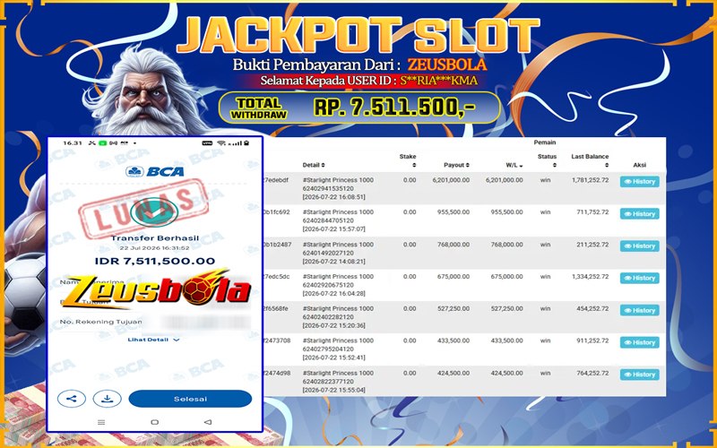 Bukti Kemenangan Member Setia Kami S**RIA***KMA Sebesar Rp 7.511.500 di Permainan Pragmatic Direct 6